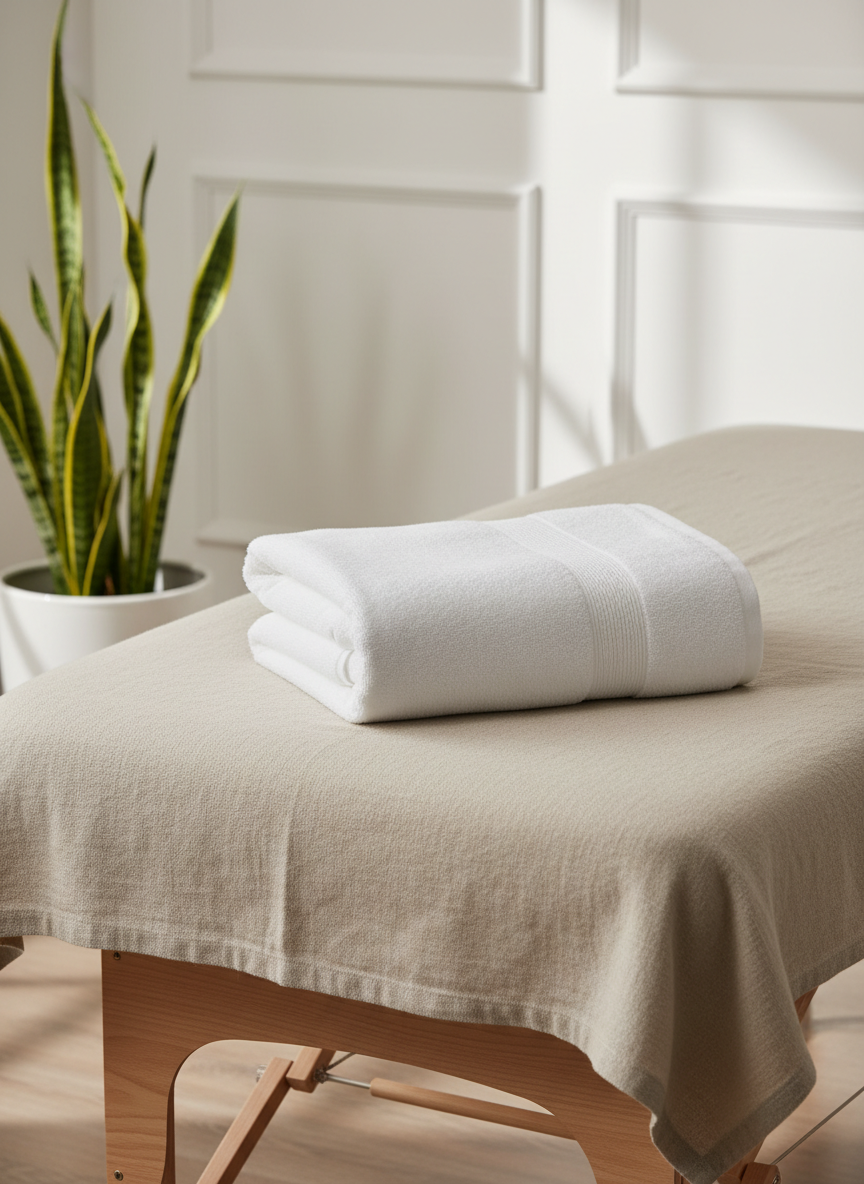 A neatly folded, snow-white cotton massage towel resting on a softly textured beige linen treatment table. The table is positioned in a minimalist, light-filled therapy room featuring a backdrop of clean lines, crisp neutral walls, and a single elegantly arranged green plant for a subtle hint of nature. Diffused daylight filters in from an unseen window, casting gentle highlights that accentuate the plush fabric and subtle shadows for depth. The atmosphere is serene and immaculate, evoking professionalism and calm. Captured at a slightly elevated angle, the composition is balanced and uncluttered, showcasing photographic realism with a clear focus on purity, comfort, and corporate sophistication.